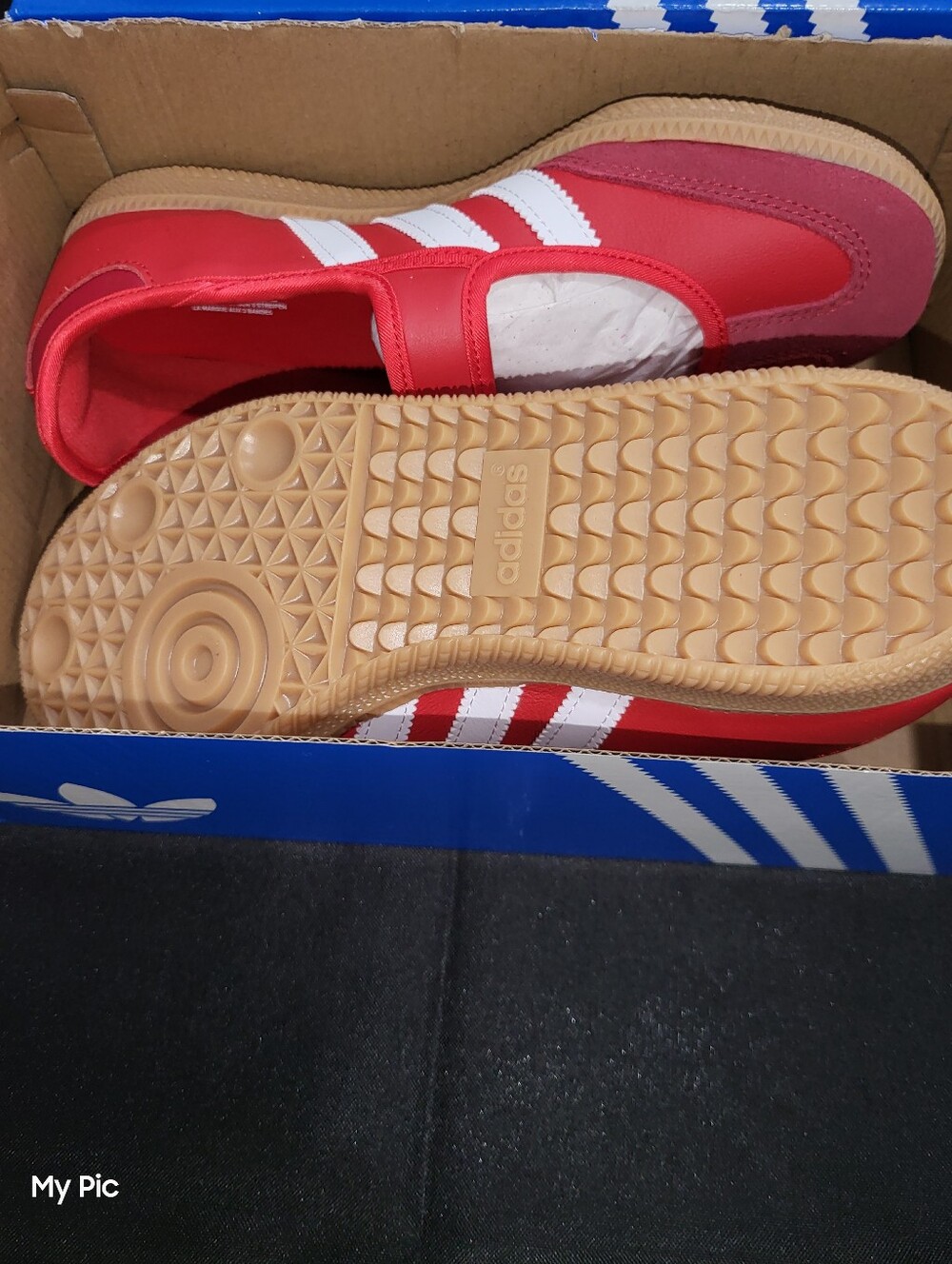 NWOT - Adidas Women's Red Mary Jane-Style Flats with White Stripes - Picture 2 of 3